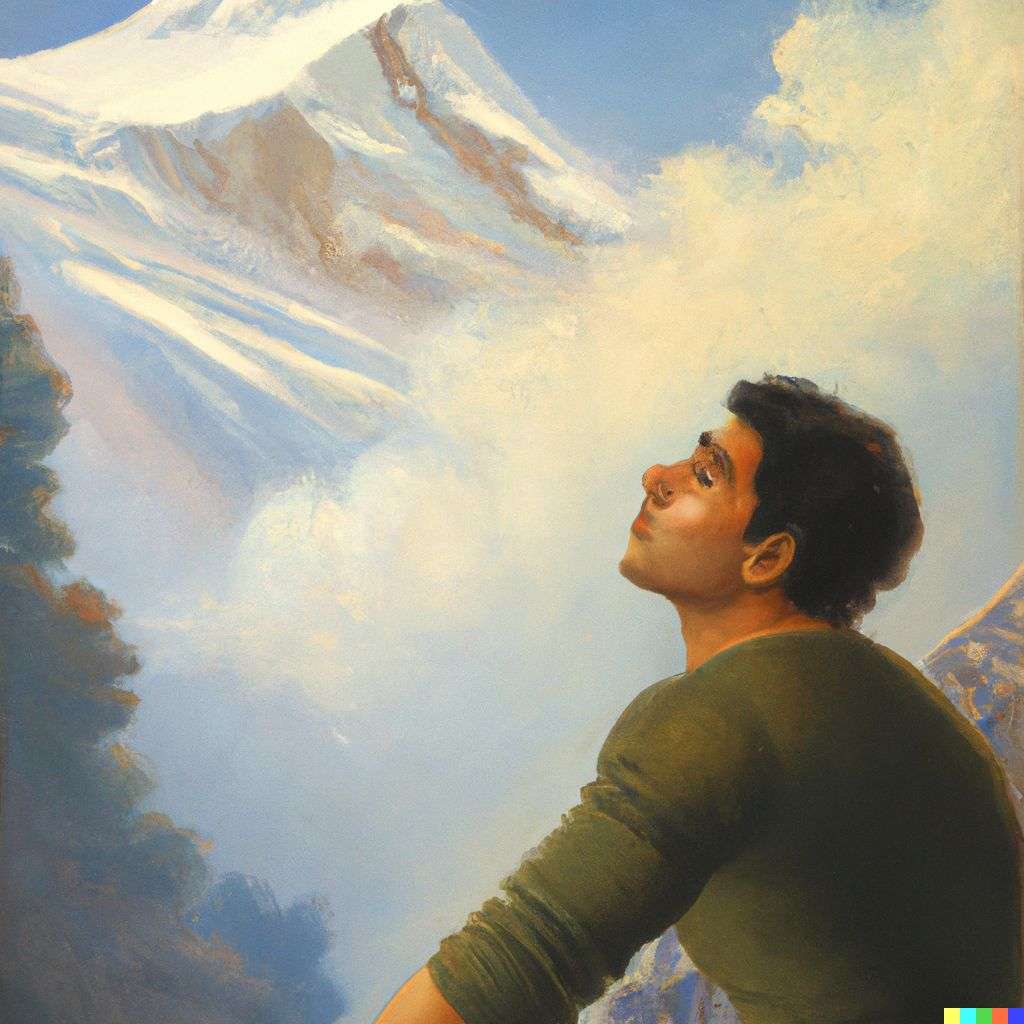 someone gazing at Mount Everest, painting, neoclassicism style